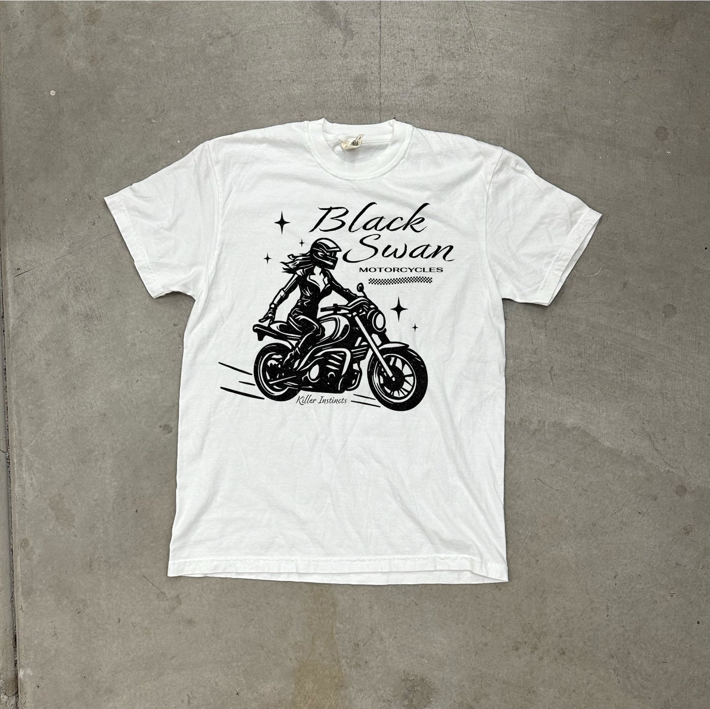 WHITE 100% COTTON TEE WITH GIRL ON MOTORCYCLE THATS BLACK SWAN AND KILLER INSTINCTS