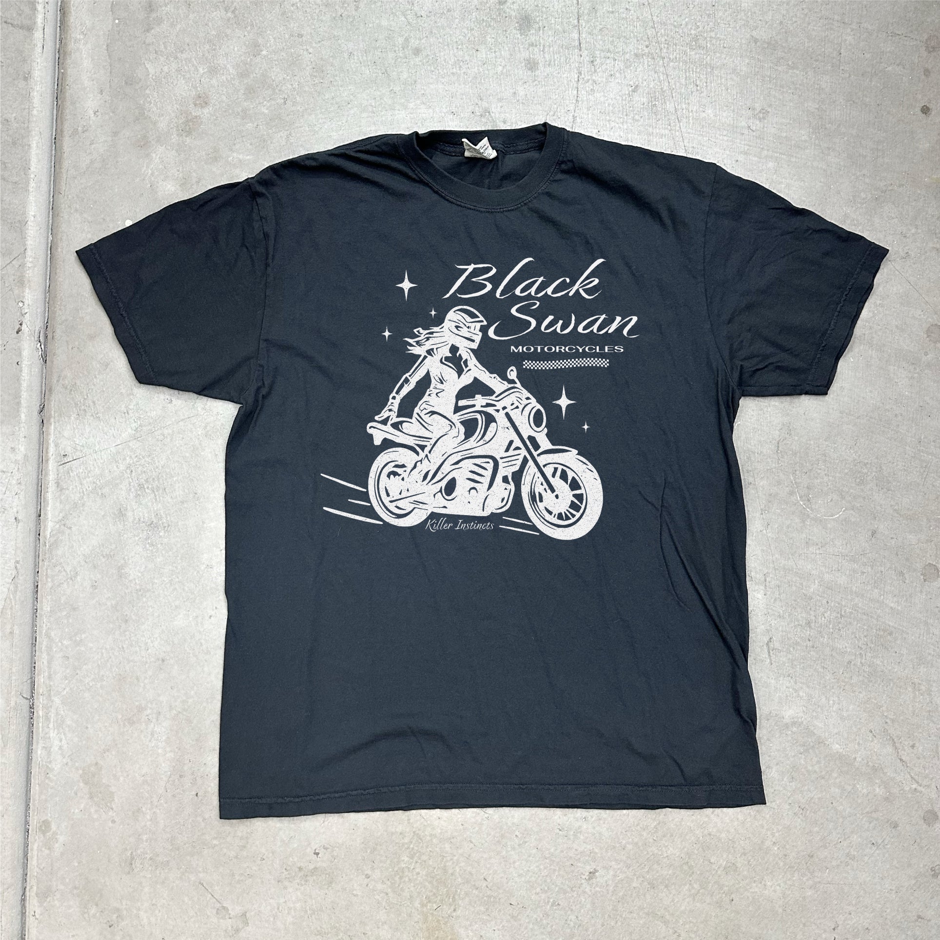 BLACK  100% COTTON TEE WITH GIRL ON MOTORCYCLE THATS SAYS BLACK SWAN AND KILLER INSTINCTS