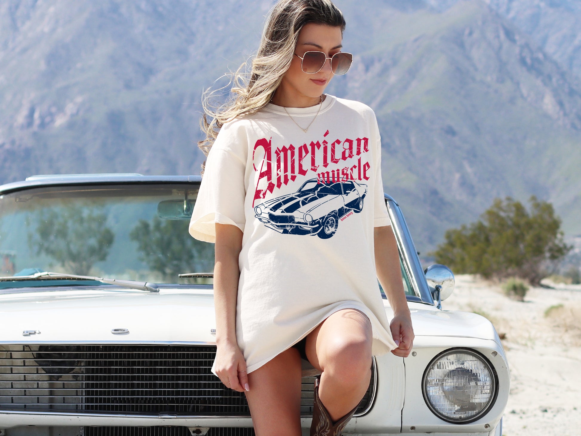 american muscle tee with old camaro. ivory colored tee with red and white graphic