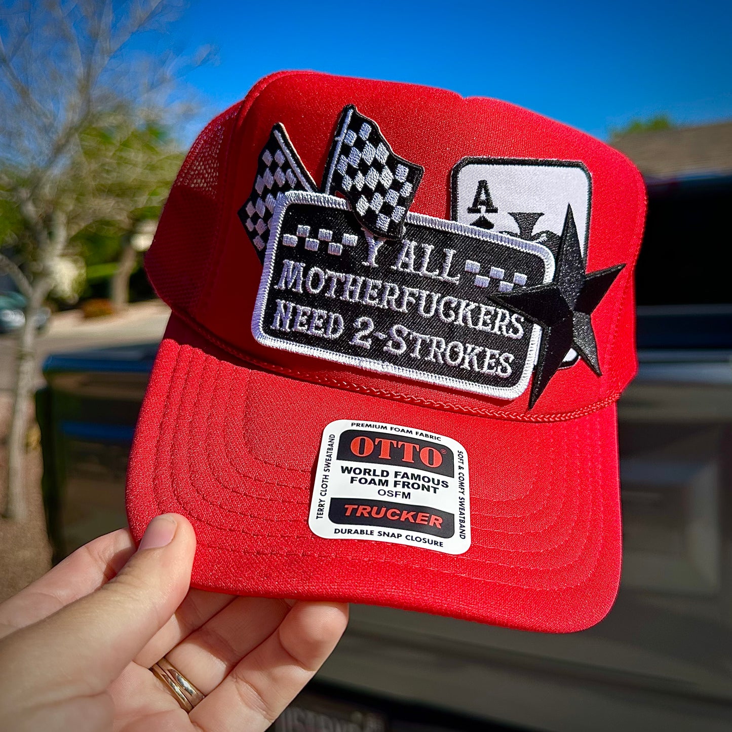 RED Y'ALL MF NEED 2 STROKES TRUCKER HAT