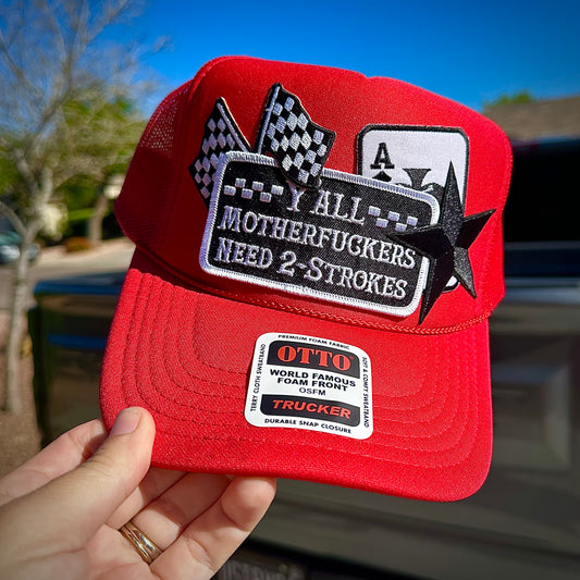 RED Y'ALL MF NEED 2 STROKES TRUCKER HAT