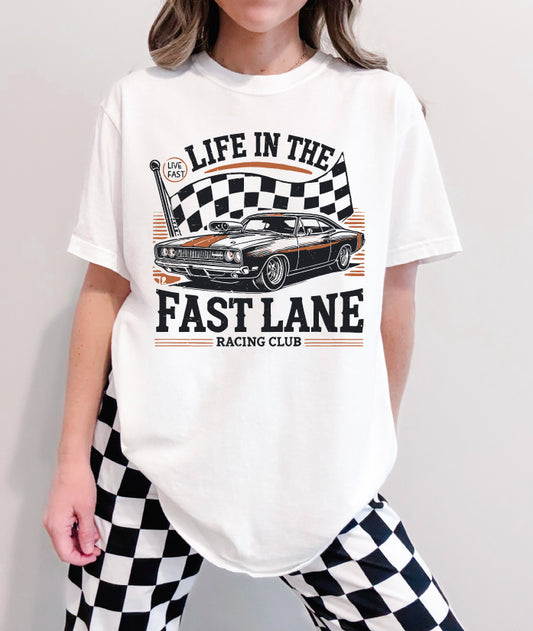 LIFE IN THE FAST LANE RACING CLUB WHITE GRAPHIC TEE ON 100% COTTON TEE